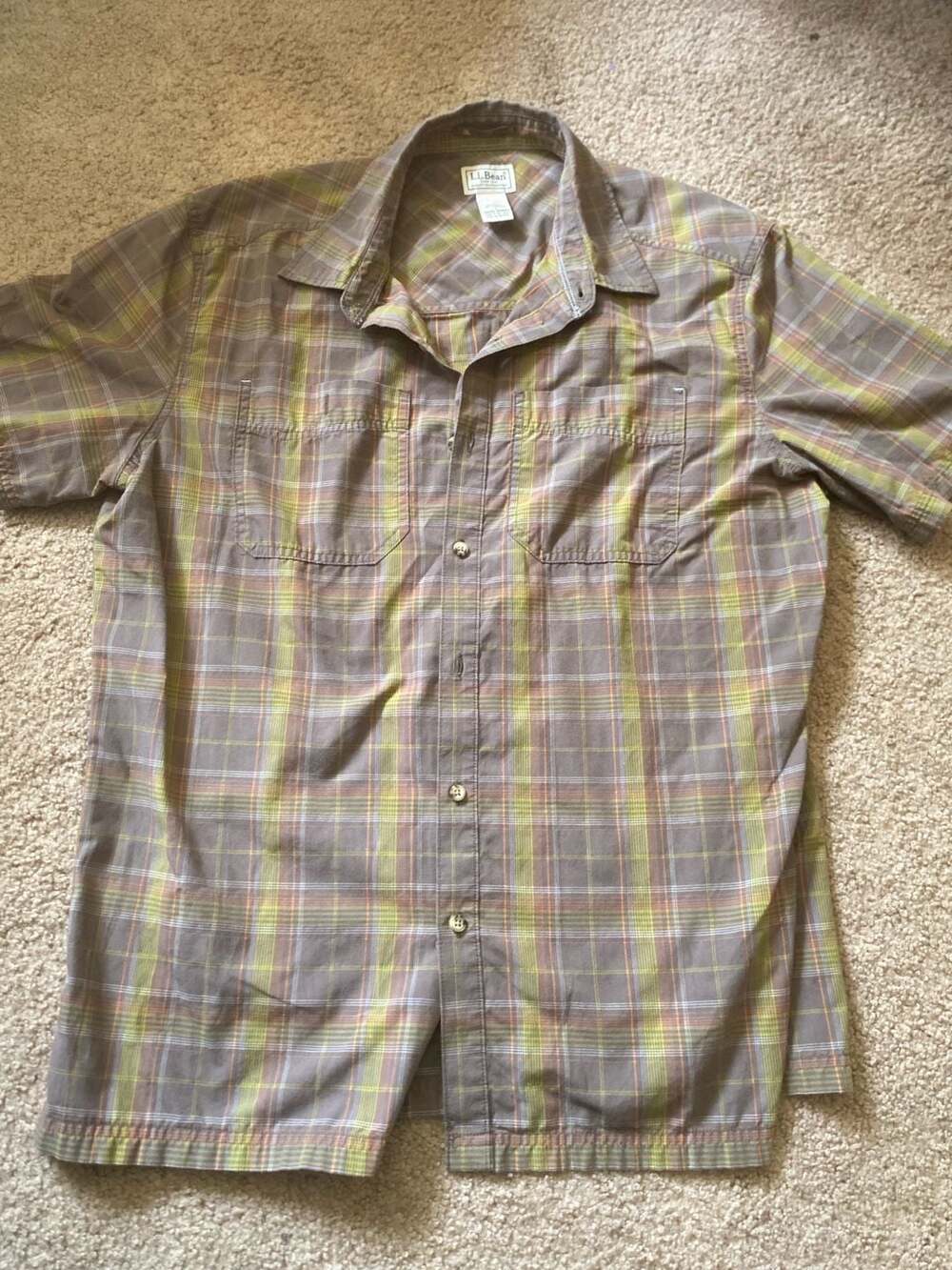 LL Bean Short Sleeve Plaid Button Down Shirt Size L Brown Green